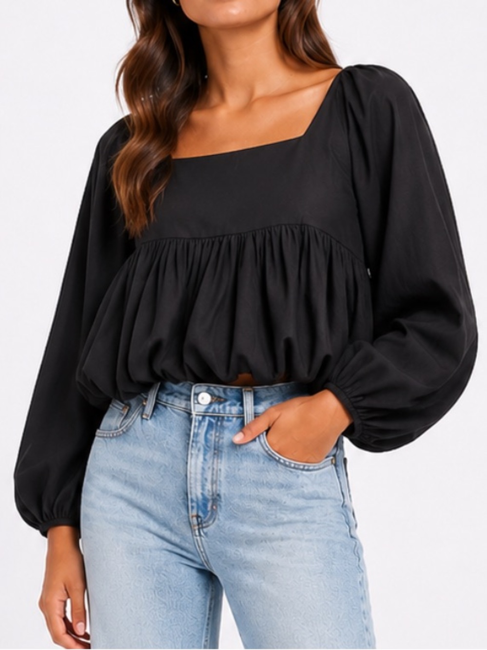 NWOT - Juliette Fabbri - Black Bubble Hem Long Sleeve Top - Size Large